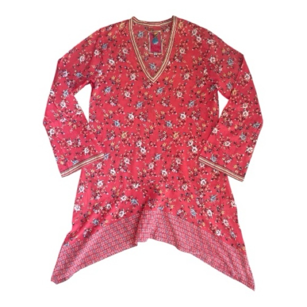 Johnny Was Red Floral Long Sleeve V Neck Tunic Dress